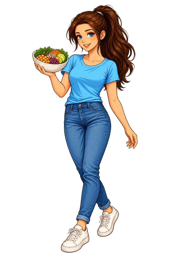Illustration von Nicole mit einer Schüssel frischem Essen