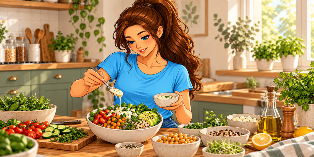 Illustration von Nicole, die in ihrer Küche eine Gemüse-Bowl mit Kräutern und Sauce zubereitet.