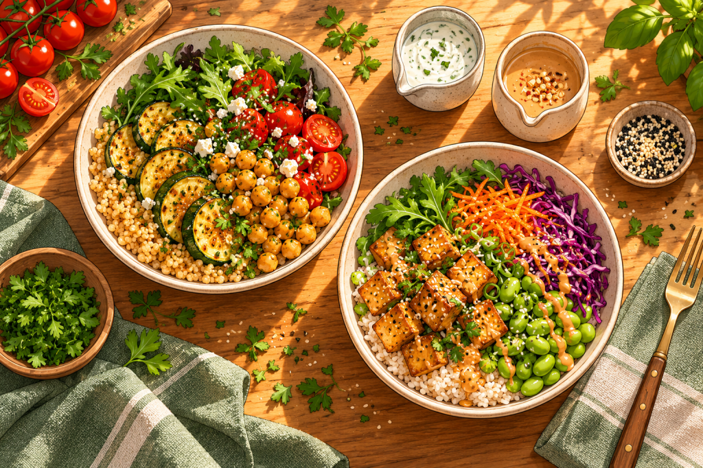 Zwei bunte vegetarische Bowls aus der Vogelperspektive: mit Bulgur und Kichererbsen sowie Reis, Tofu, Edamame und Gemüse; daneben zwei Dressings.
