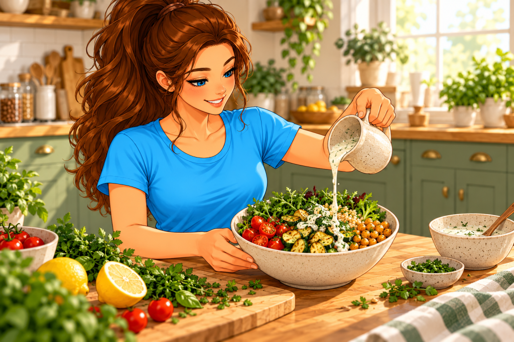Nicole als Illustration mit braunem Pferdeschwanz und blauem Shirt gibt Kräuter-Joghurt-Dressing über eine bunte vegetarische Bowl.